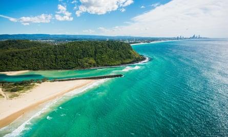 Aerial of Palm Beach, Tallebudgera Creek & Burleigh Head in the near background, Surfers Paradise, Gold Coast, Australia